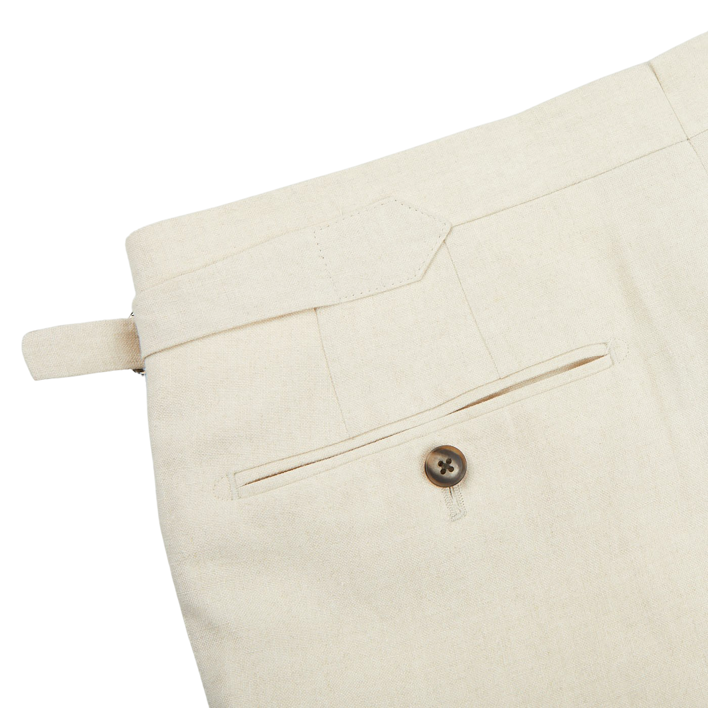 A close up of a pocket on Baltzar Sartorial Light Beige Pure Linen Pleated Trousers.