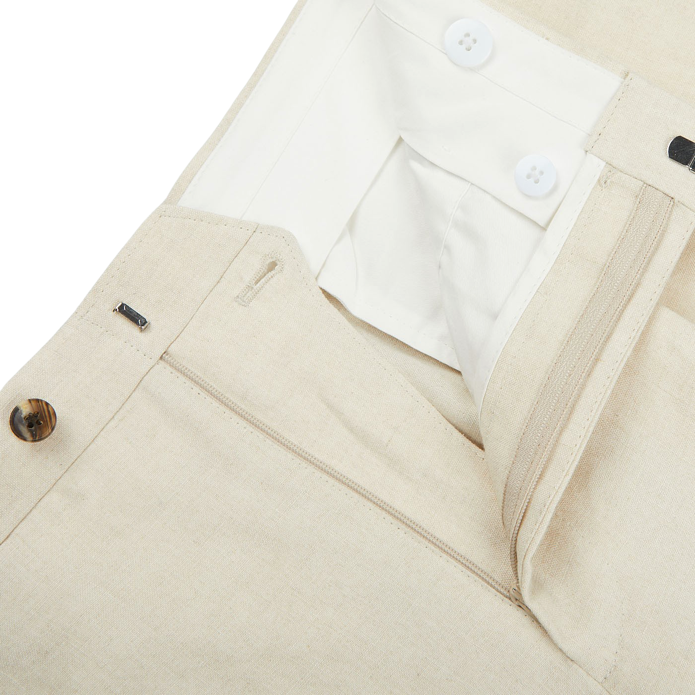 A close up of Baltzar Sartorial Light Beige Pure Linen Pleated Trousers.