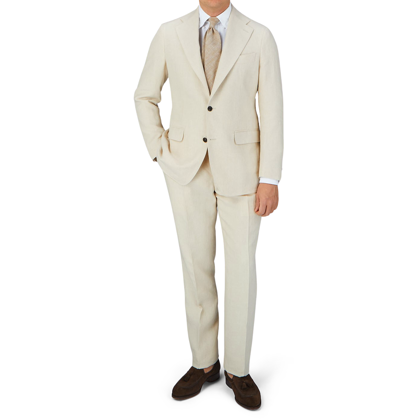 A man is posing in a Light Beige Pure Linen Suit Jacket by Baltzar Sartorial.