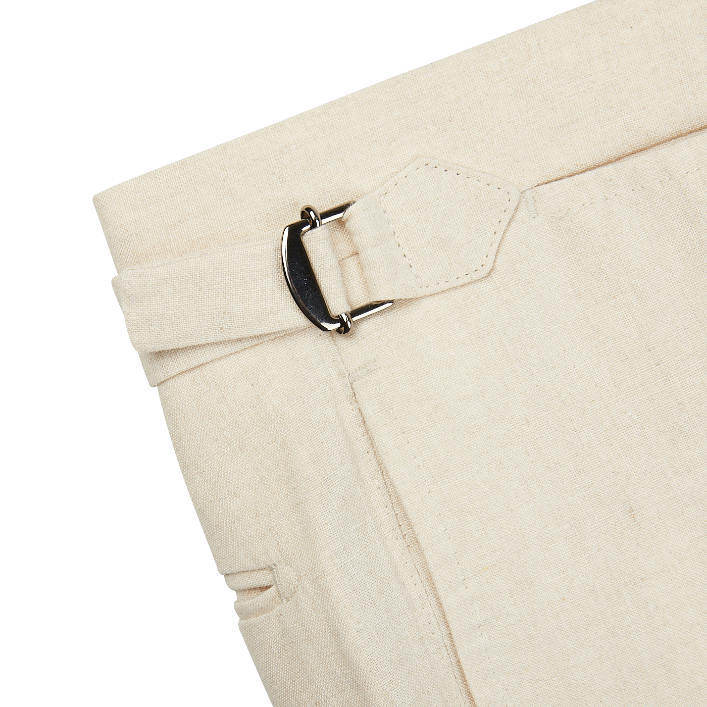 A close up of Baltzar Sartorial Light Beige Pure Linen Flat Front Trousers with a buckle.