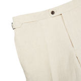 Tailored fit Light Beige Pure Linen Flat Front Trousers in beige by Baltzar Sartorial.