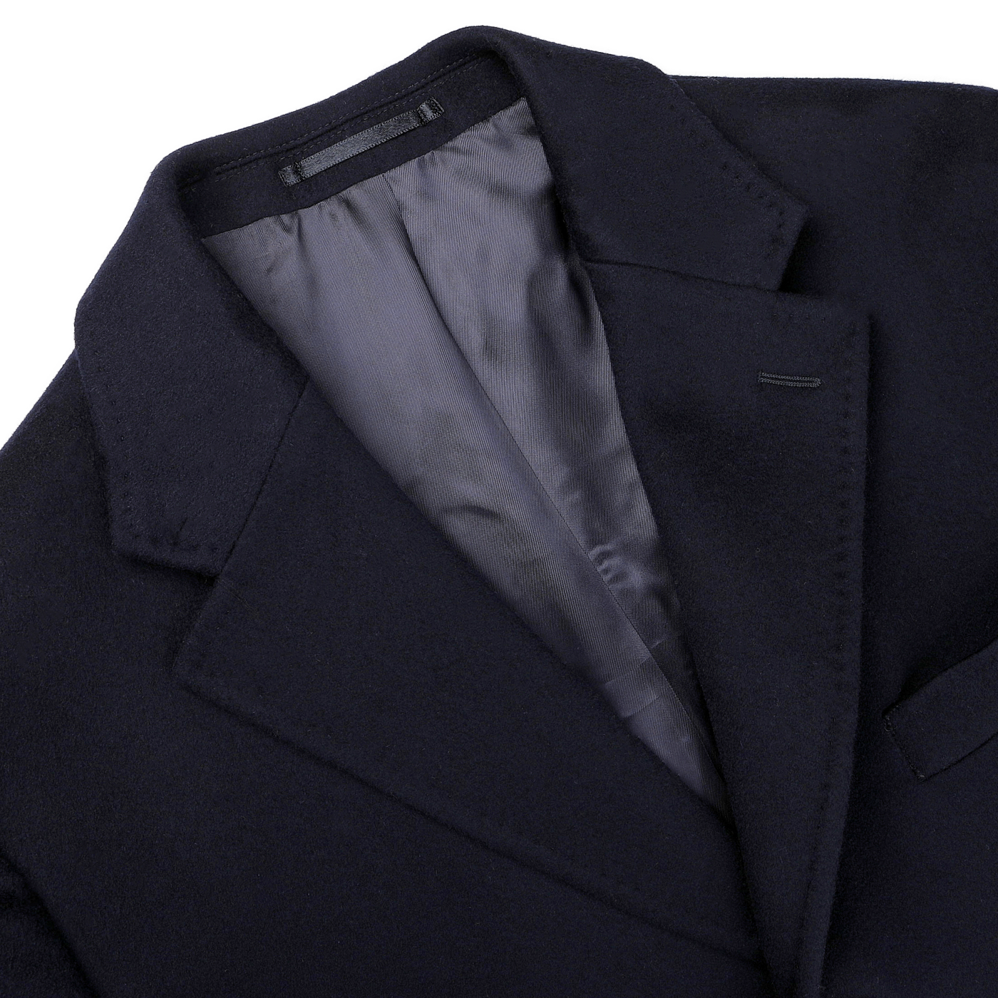 Flat lay of the Baltzar Sartorial Navy Blue Loro Piana Wool Tailored Coat, highlighting its notched lapel collar and visible gray lining against a white background.