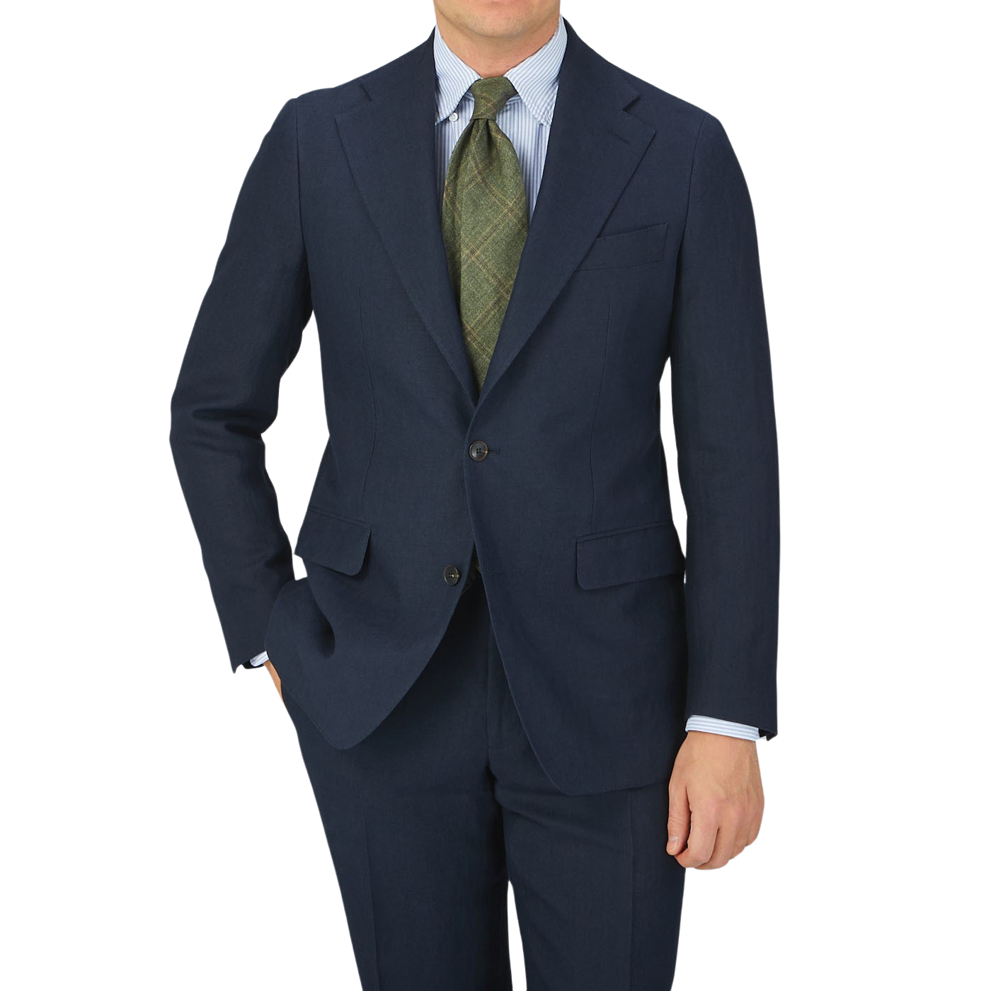 A man in a tailored Baltzar Sartorial Navy Blue Pure Linen Suit Jacket posing for a photo, wearing linen fabric trousers.