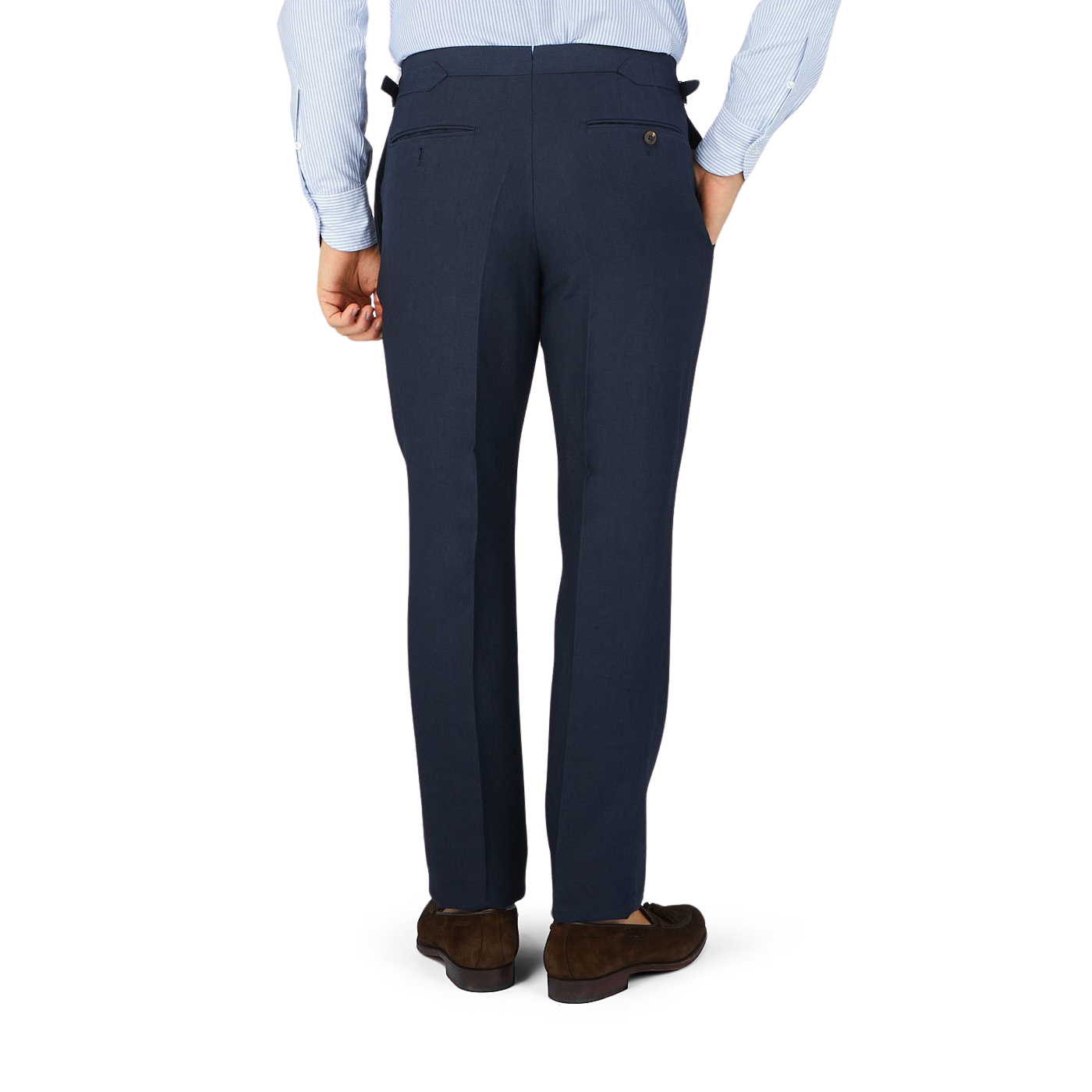 A man in a Baltzar Sartorial navy blue pure linen flat front trousers with a tailored fit.