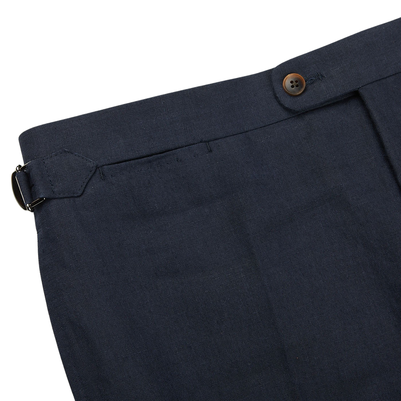 A close up view of Baltzar Sartorial navy blue pure linen flat front trousers.