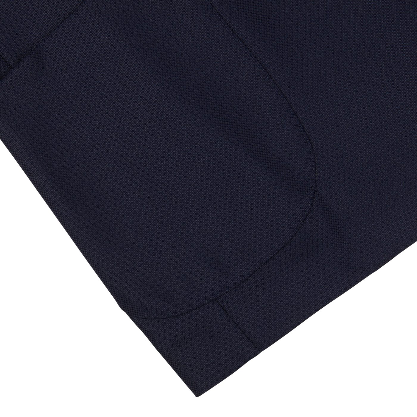 Close-up of a Navy Blue Wool Hopsack Blazer fabric with a stitched hem on a white background by Baltzar Sartorial.
