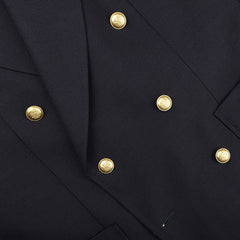 Close-up of Baltzar Sartorial's Navy Blue Wool Mock Leno DB Club Blazer, showcasing its elegant pure wool fabric and striking gold buttons for a timeless style.