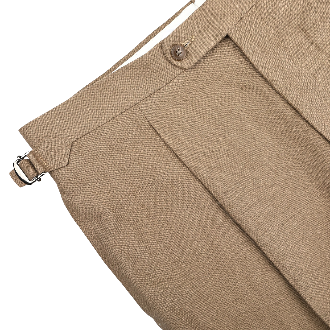 The Taupe Beige Pure Linen Pleated Trousers by Baltzar Sartorial feature a tailored fit with pleat details and a button and buckle closure.