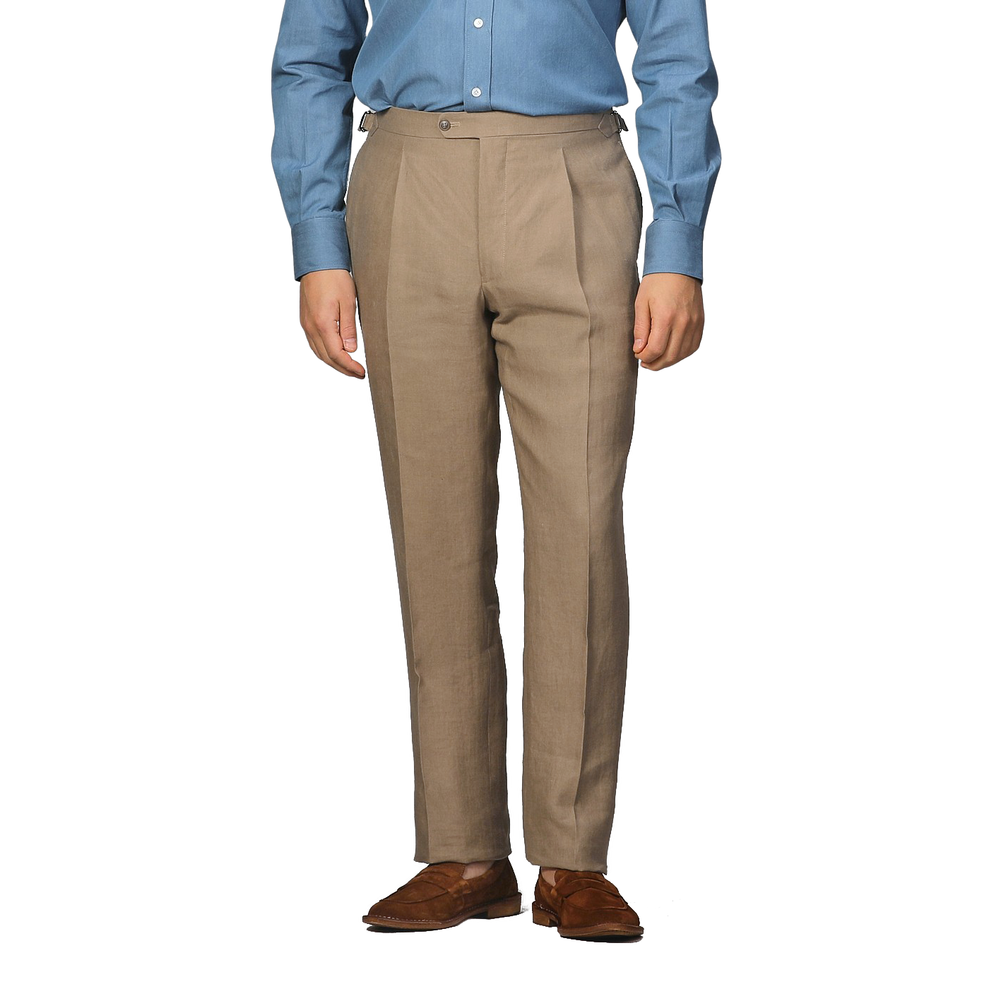 The image shows a person wearing a blue dress shirt, Taupe Beige Pure Linen Pleated Trousers by Baltzar Sartorial, and brown dress shoes, focused on the attire from neck to feet.