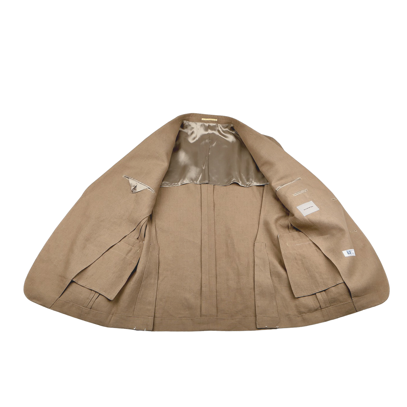 The Taupe Beige Pure Linen Suit Jacket from Baltzar Sartorial is open, showing its brown lining, inner pockets, and labels.