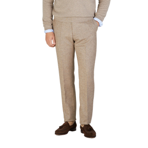 Berwich Beige Herringbone Wool Tweed Trousers Front