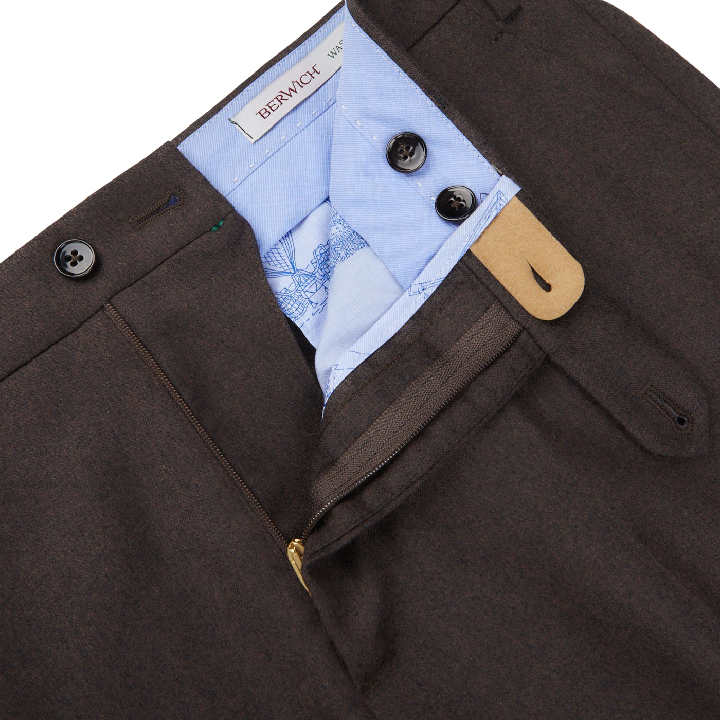 Berwich Brown Melange Wool Flannel Flat Front Trousers Zipper