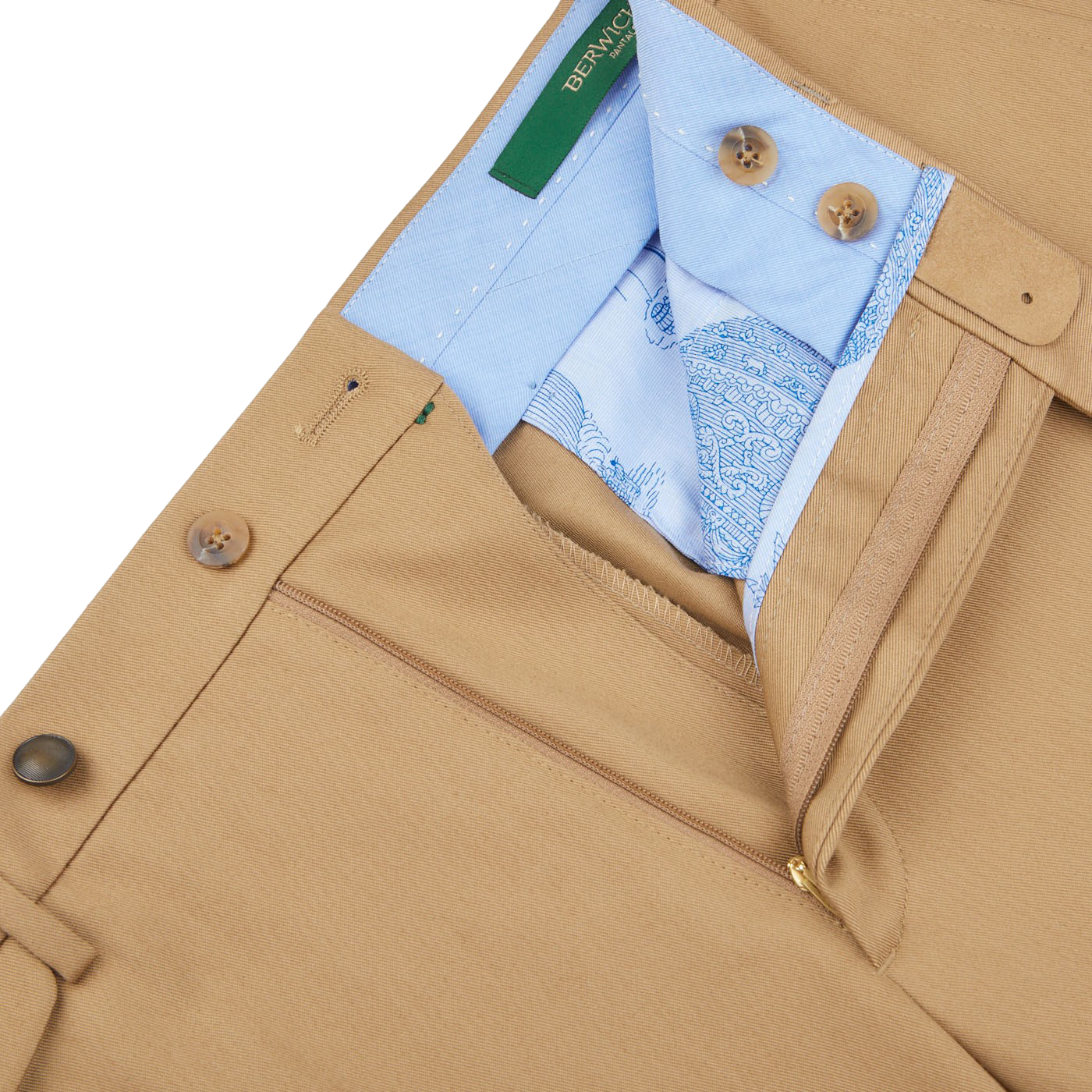 Berwich Khaki Beige Cotton Flat Front Trousers Zipper