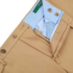 Berwich Khaki Beige Cotton Flat Front Trousers Zipper