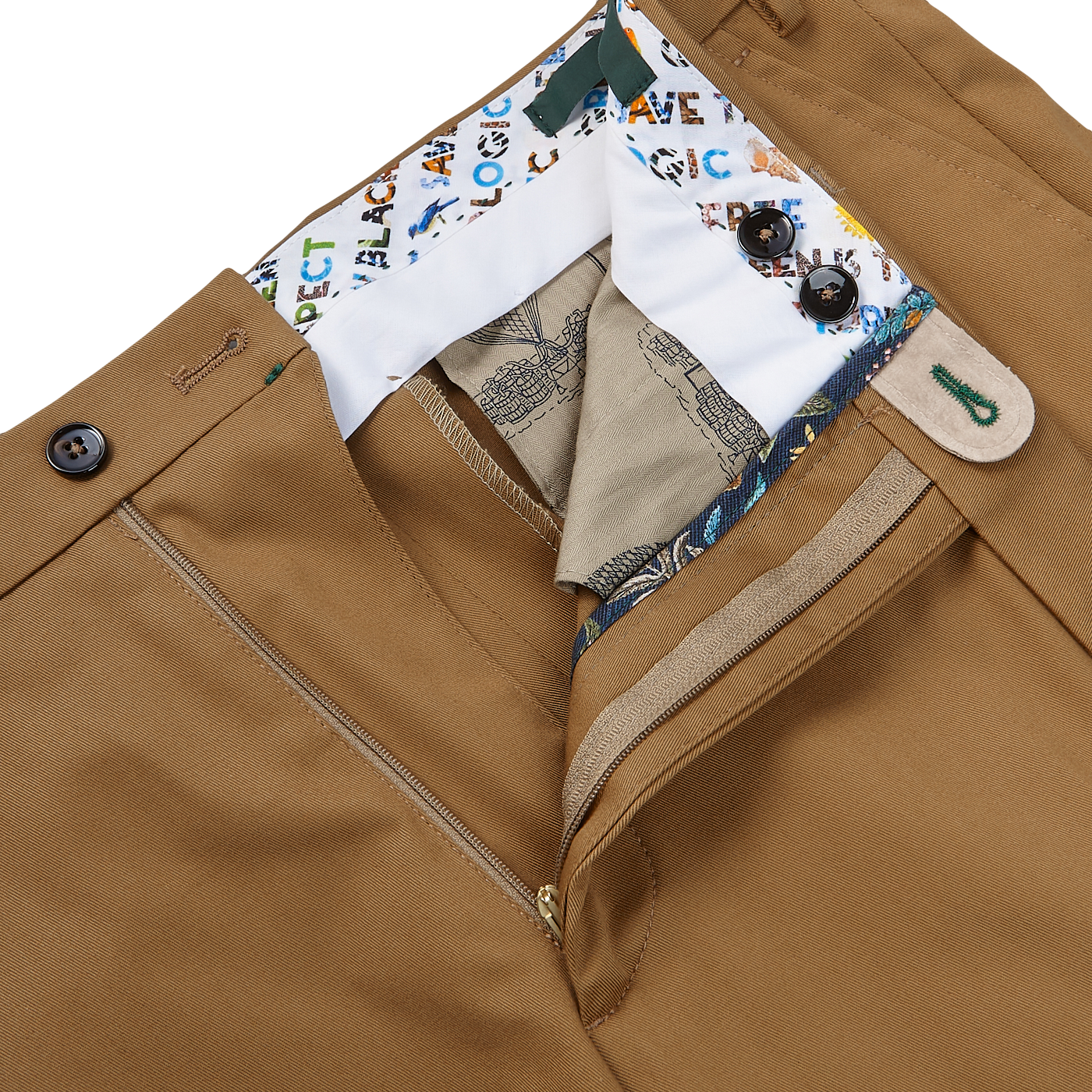 Berwich Khaki Beige Cotton Twill Flat Front Trousers Zipper