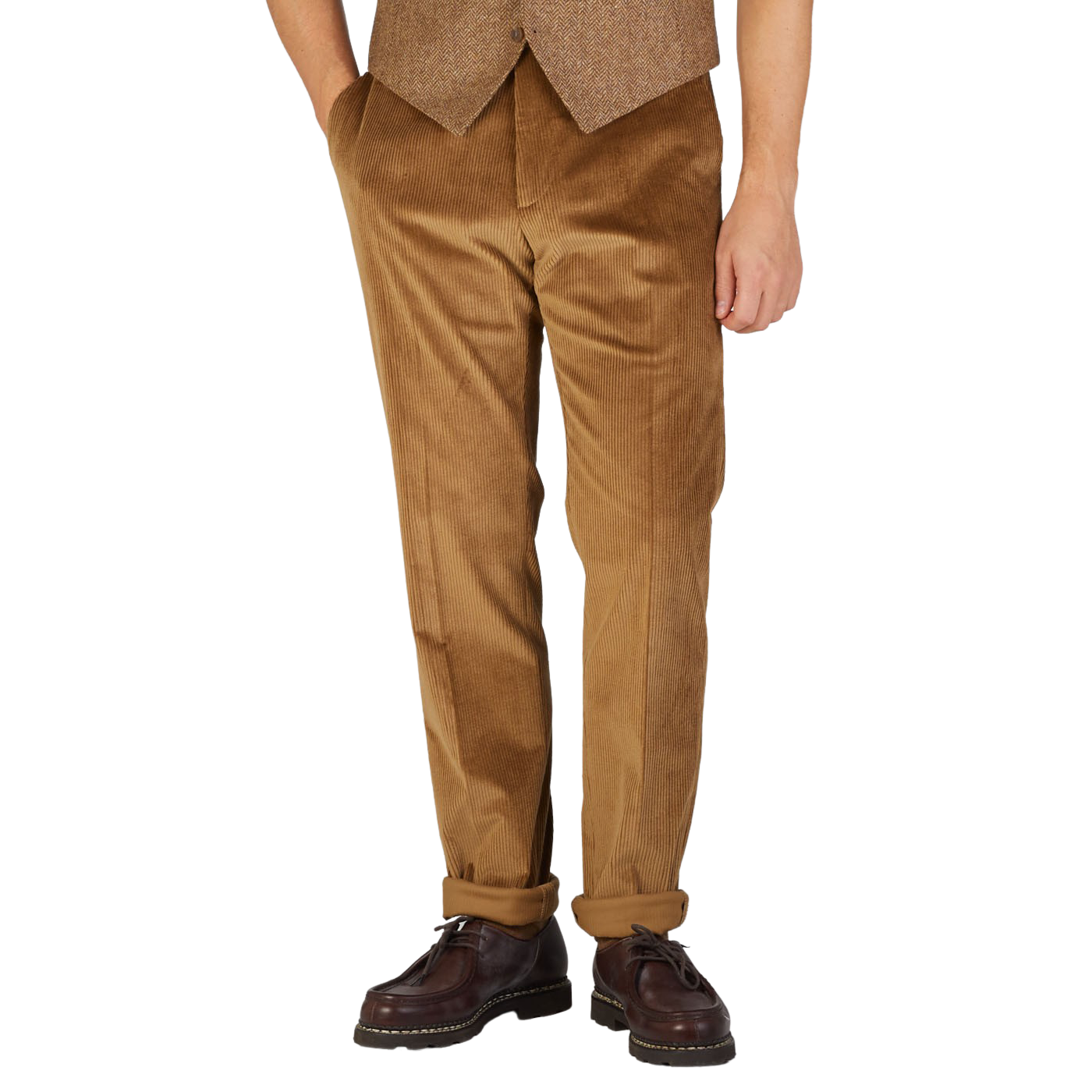 Berwich Light Brown Cotton Corduroy Flat Front Trousers Front