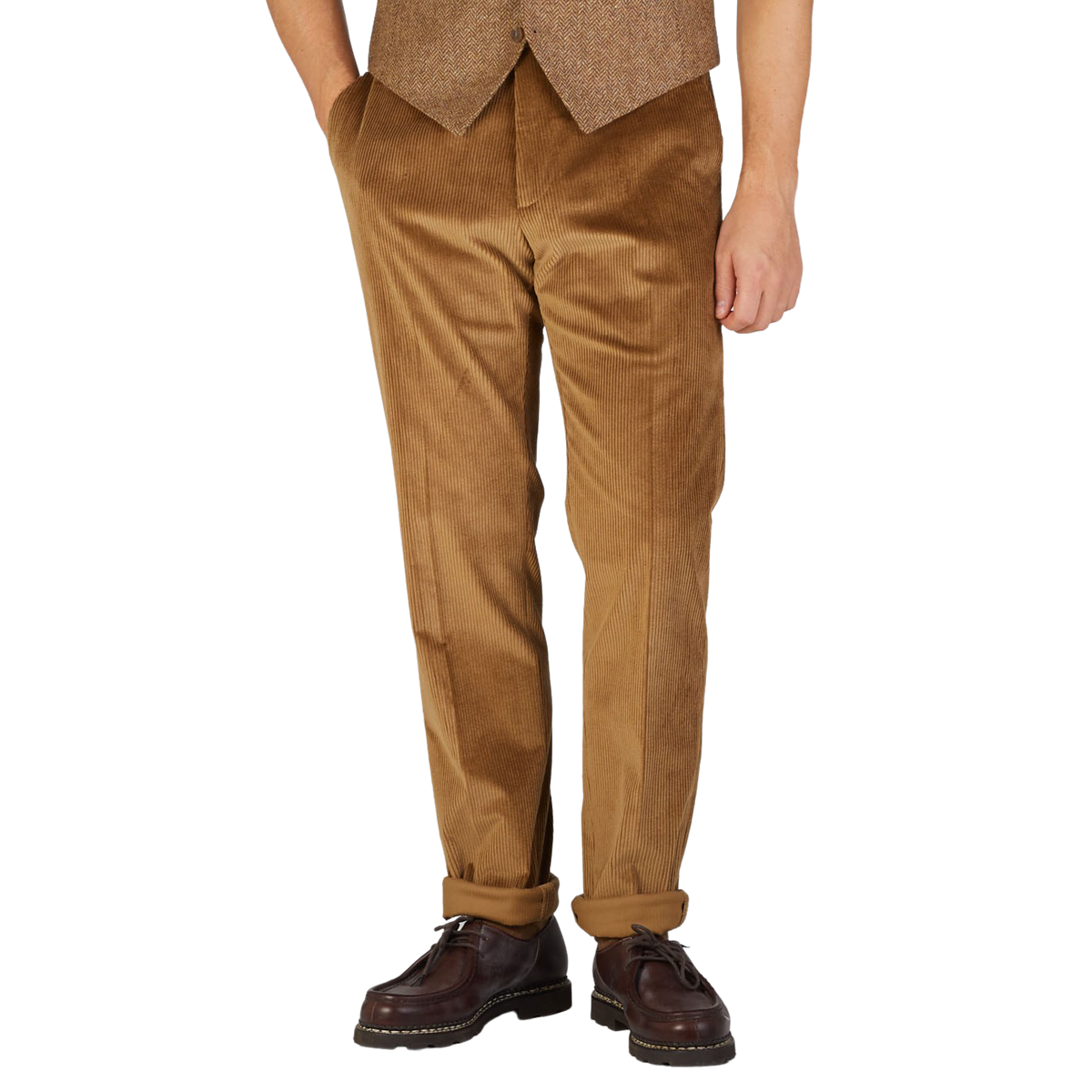 Berwich Light Brown Cotton Corduroy Flat Front Trousers Front
