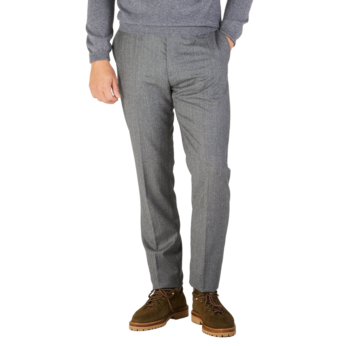 Berwich Medium Grey Wool Flannel Flat Front Trousers Front