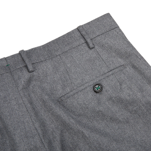 Berwich Medium Grey Wool Flannel Flat Front Trousers Pocket