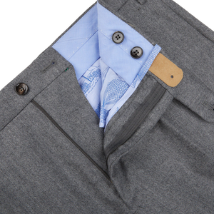 Berwich Medium Grey Wool Flannel Flat Front Trousers Zipper