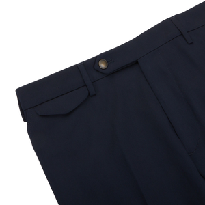 Berwich Navy Blue Cotton Flat Front Trousers Edge
