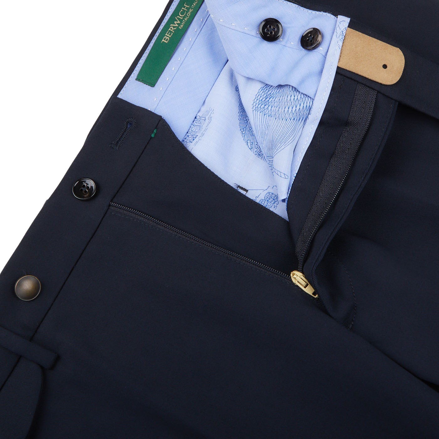 Berwich Navy Blue Cotton Flat Front Trousers Zipper
