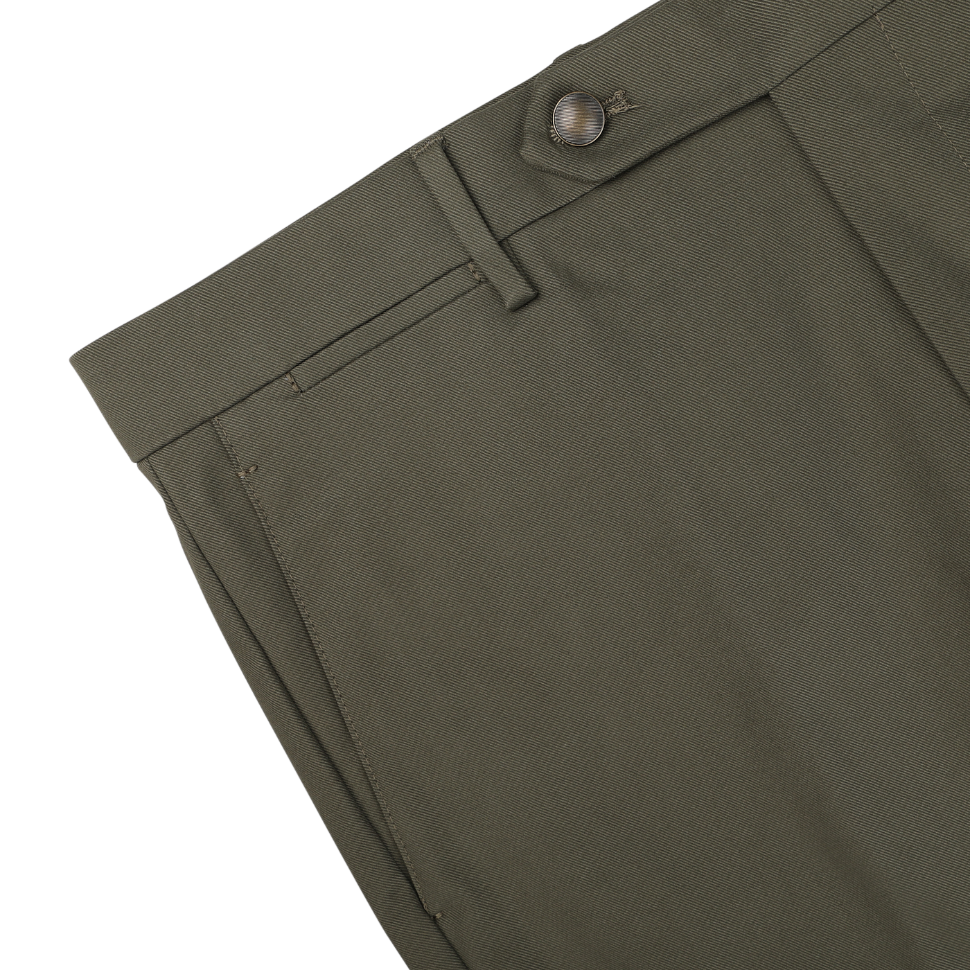 Close-up of the Army Green Cotton Twill Flat Front Trousers by Berwich, featuring a buttoned waistband, belt loop, and visible side pocket. The smooth, medium-weight cotton twill fabric is perfect for the Vulcano fit.