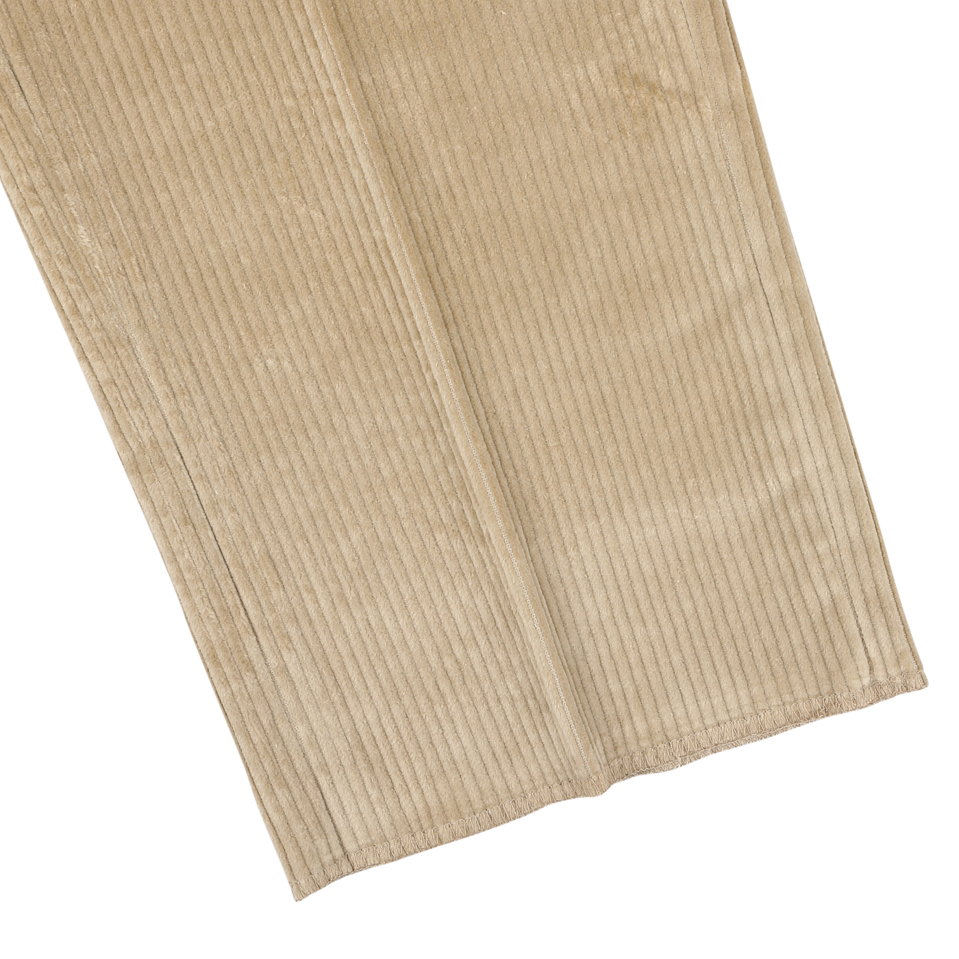 Close-up image of Berwich Beige Cotton Corduroy Flat Front Trousers, made from stretch fabric with fine vertical ridges, featuring a subtle stain and frayed edge at the bottom.