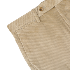 Close-up view of light beige Beige Cotton Corduroy Flat Front Trousers by Berwich, highlighting the waistband, belt loop, and button.