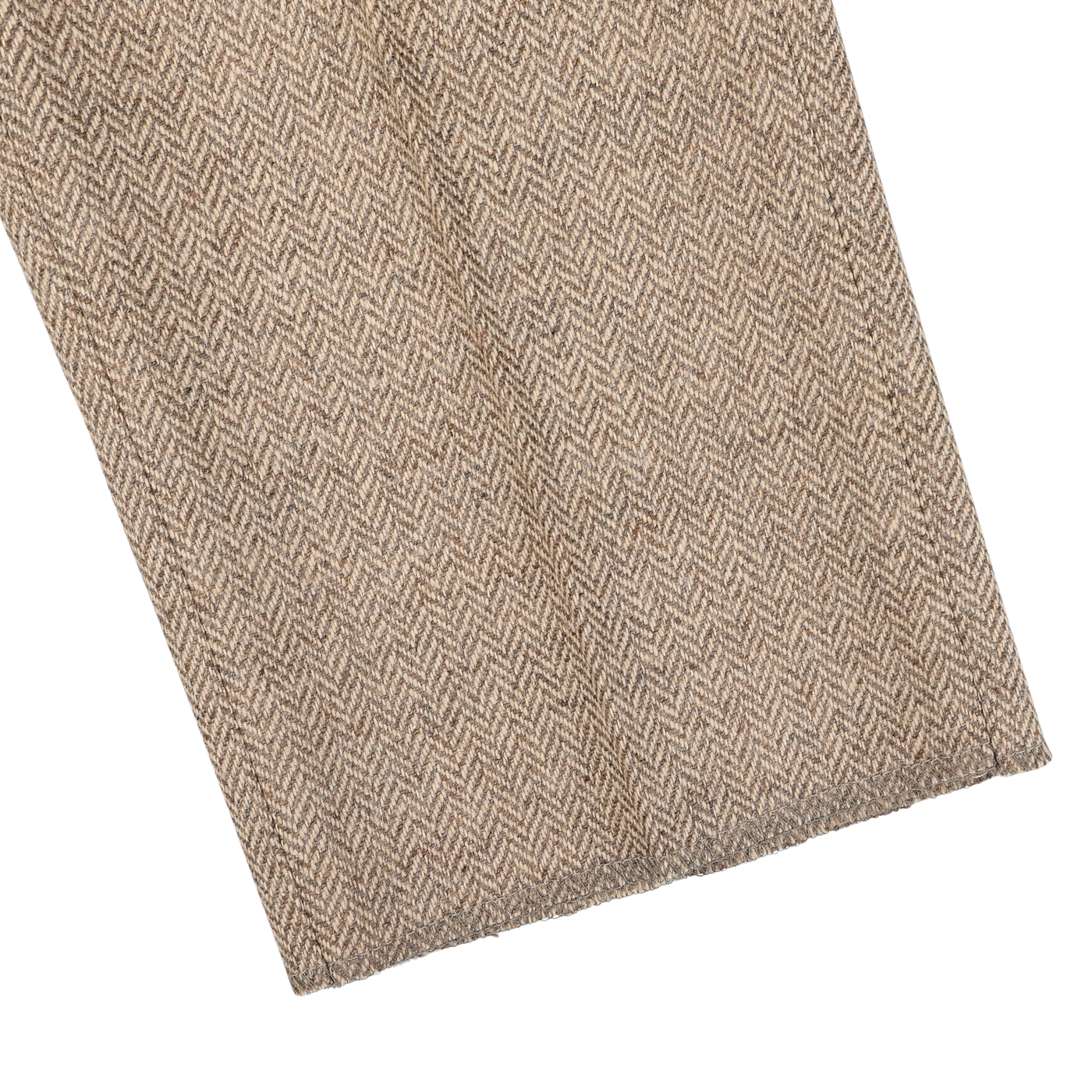 Close-up of Berwich's Beige Herringbone Wool Tweed Trousers, showcasing the detailed texture of the pure wool fabric in beige and brown hues.