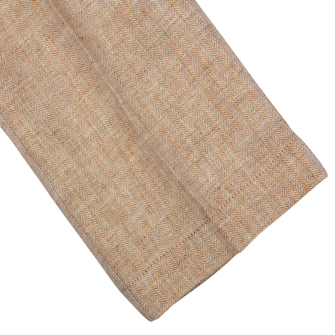 A tan linen drawstring napkin on a white background.
Product Name: Beige Linen Herringbone Drawstring Trousers
Brand Name: Berwich