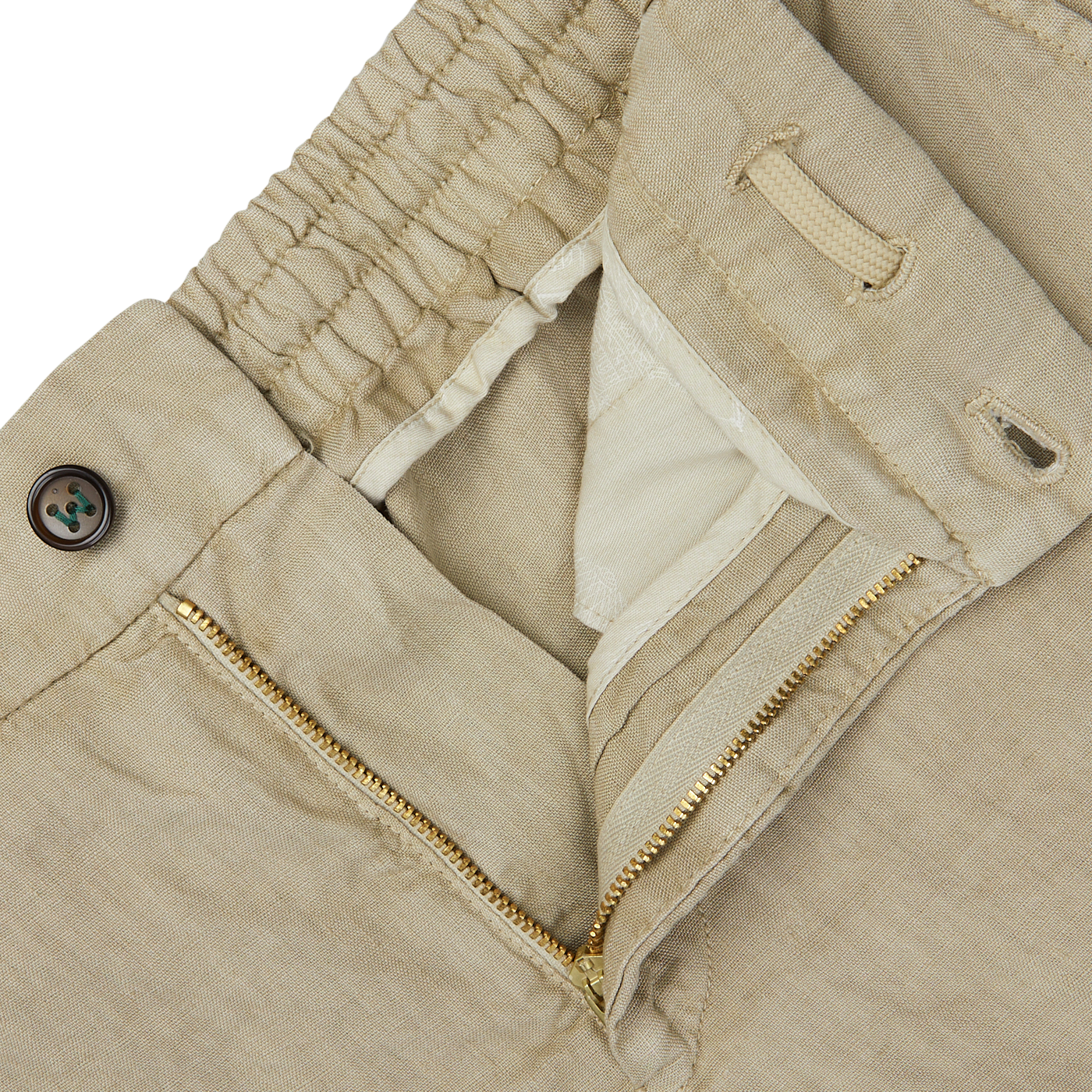 Close-up of a Berwich Beige Washed Linen Drawstring Shorts with a button, zipper, and partial collar detail.