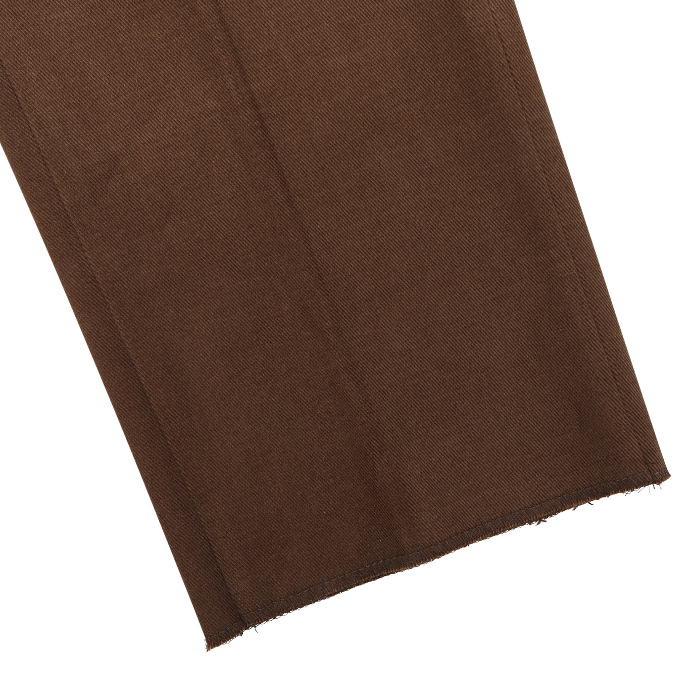 Close-up of the lower part of a Cinnamon Brown Cotton Moleskin Trousers by Berwich with slightly frayed edges on a white background.