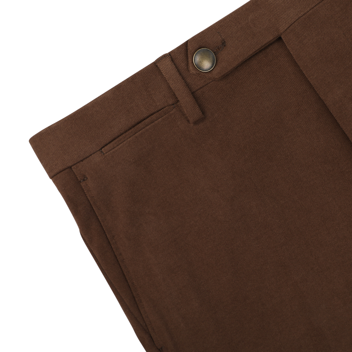 Close-up of Berwich's Cinnamon Brown Cotton Moleskin Trousers featuring a button closure and belt loop detail, showing part of the waistband and pocket area against a plain background.