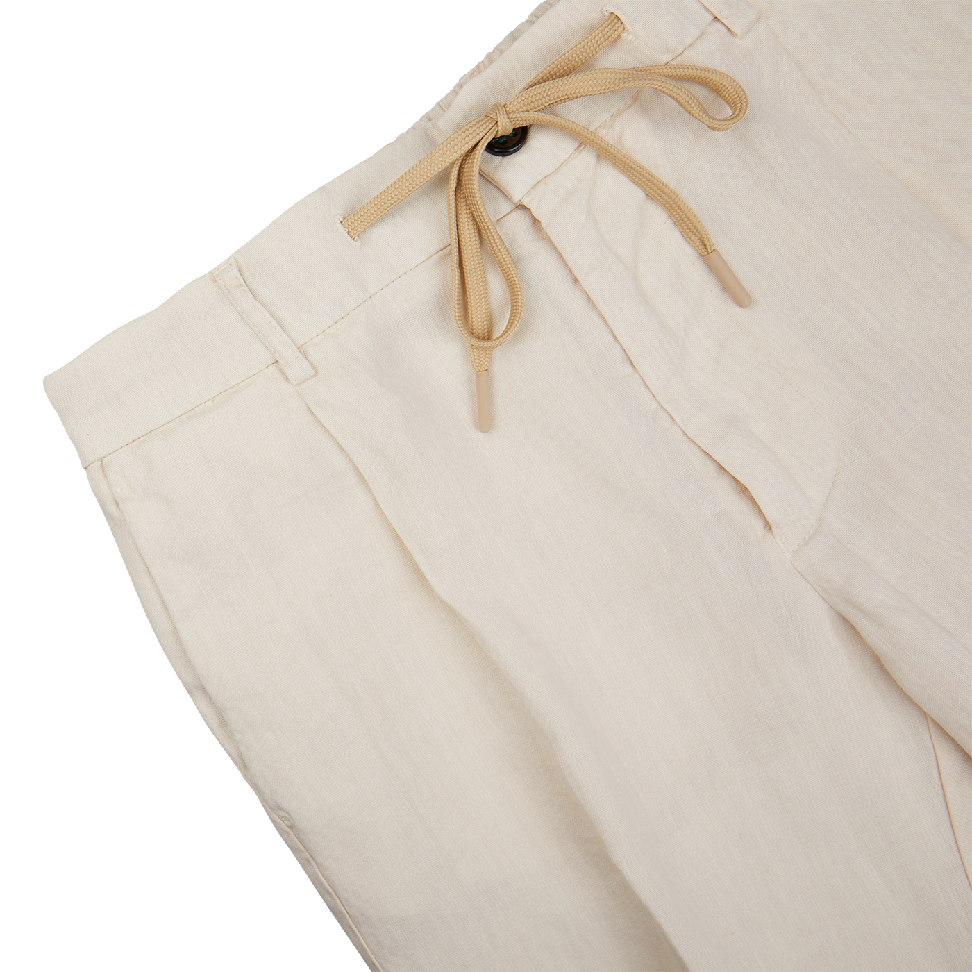 A pair of Cream Linen Twill Drawstring Trousers with tan drawstring ties by Berwich.