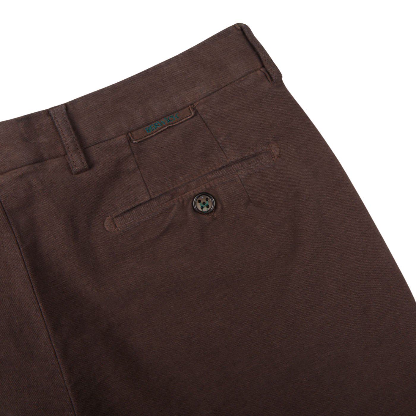 A Dark Brown Cotton Moleskin Chinos with a button on the side, made of cotton by Berwich.