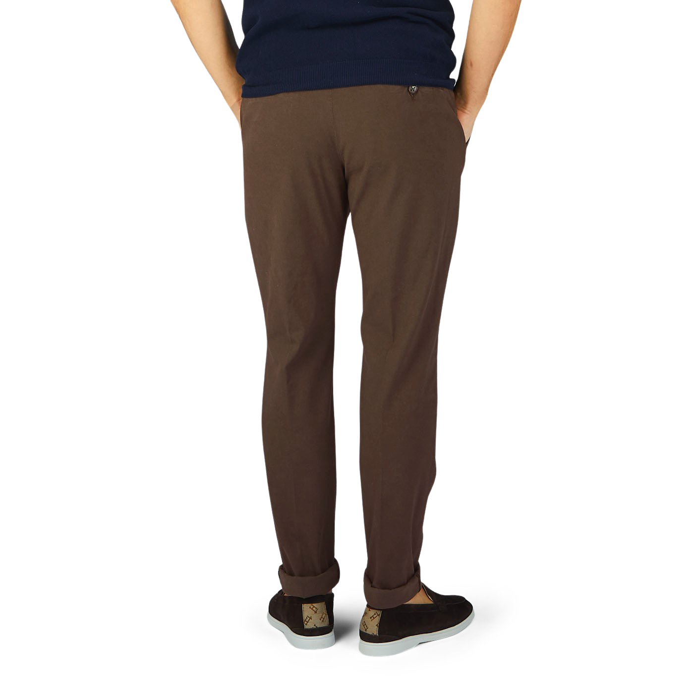 The man is seen from the back in slim-fit Berwich dark brown cotton stretch chinos.
