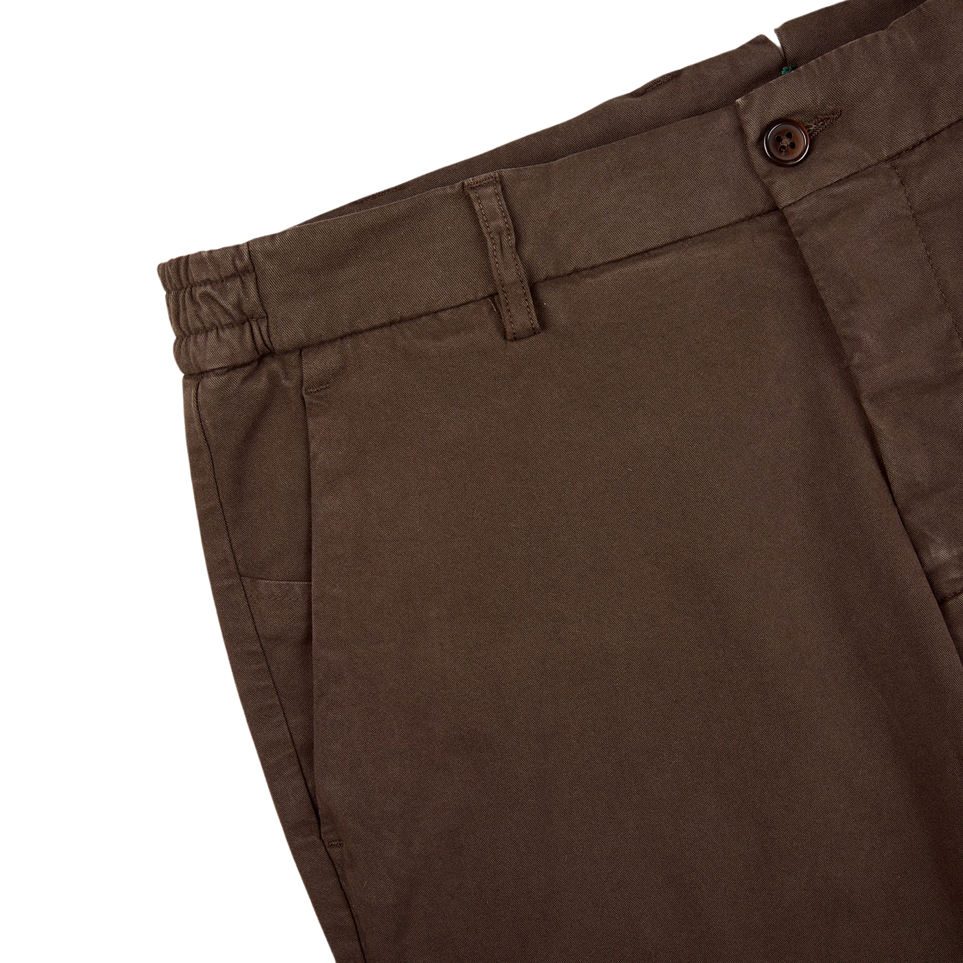 A close up of a slim fit pair of Berwich Dark Brown Cotton Stretch Chinos.