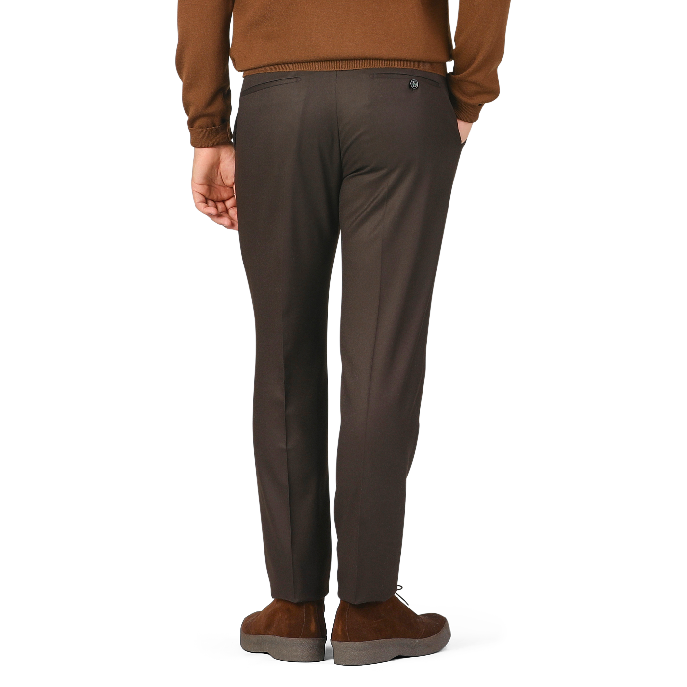 A person wearing Berwich Dark Brown Wool Flannel Flat Front Trousers, brown shoes, and a brown top, crafted from pure wool flannel, is shown from the back and isolated on a plain background.