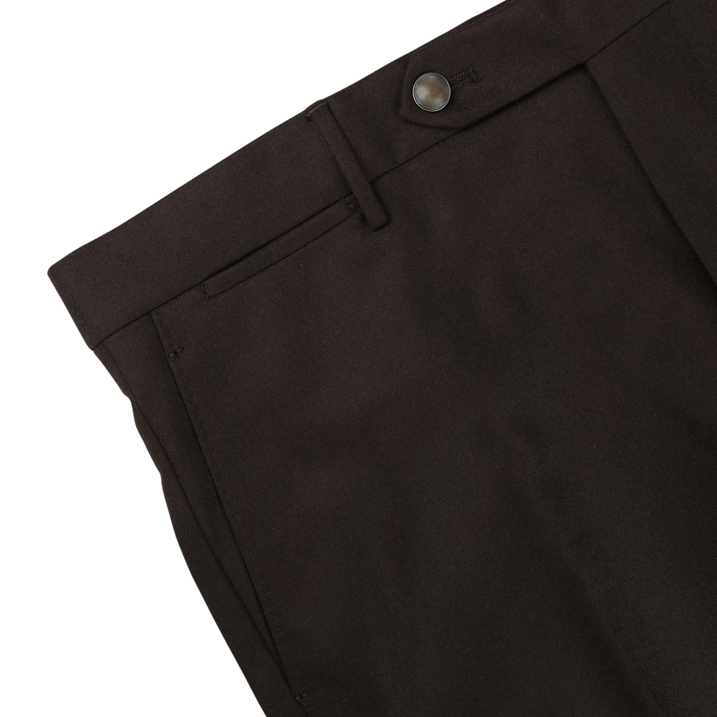 Close-up image of Dark Brown Wool Flannel Flat Front Trousers by Berwich in Vulcano fit, showcasing part of the waistband with a button closure and belt loop. The pure wool flannel fabric appears smooth and well-tailored.