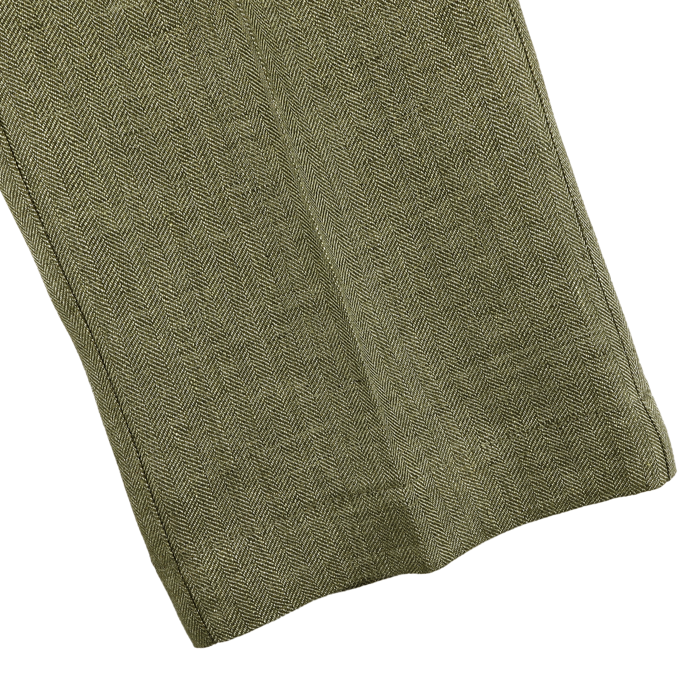 Close-up of Berwich's Green Linen Herringbone Drawstring Trousers in olive, shown against a plain backdrop.