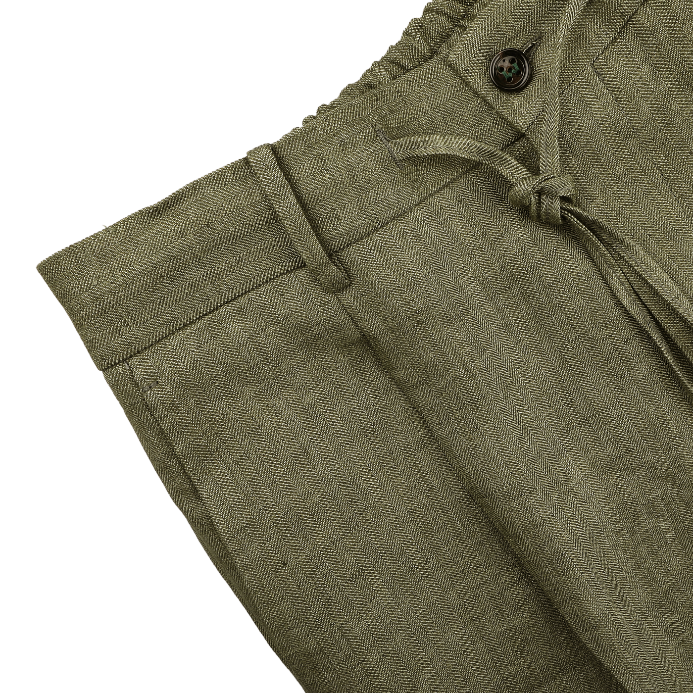 Close-up of Berwich's Green Linen Herringbone Drawstring Trousers, featuring an olive green herringbone pattern and crafted with pure linen.