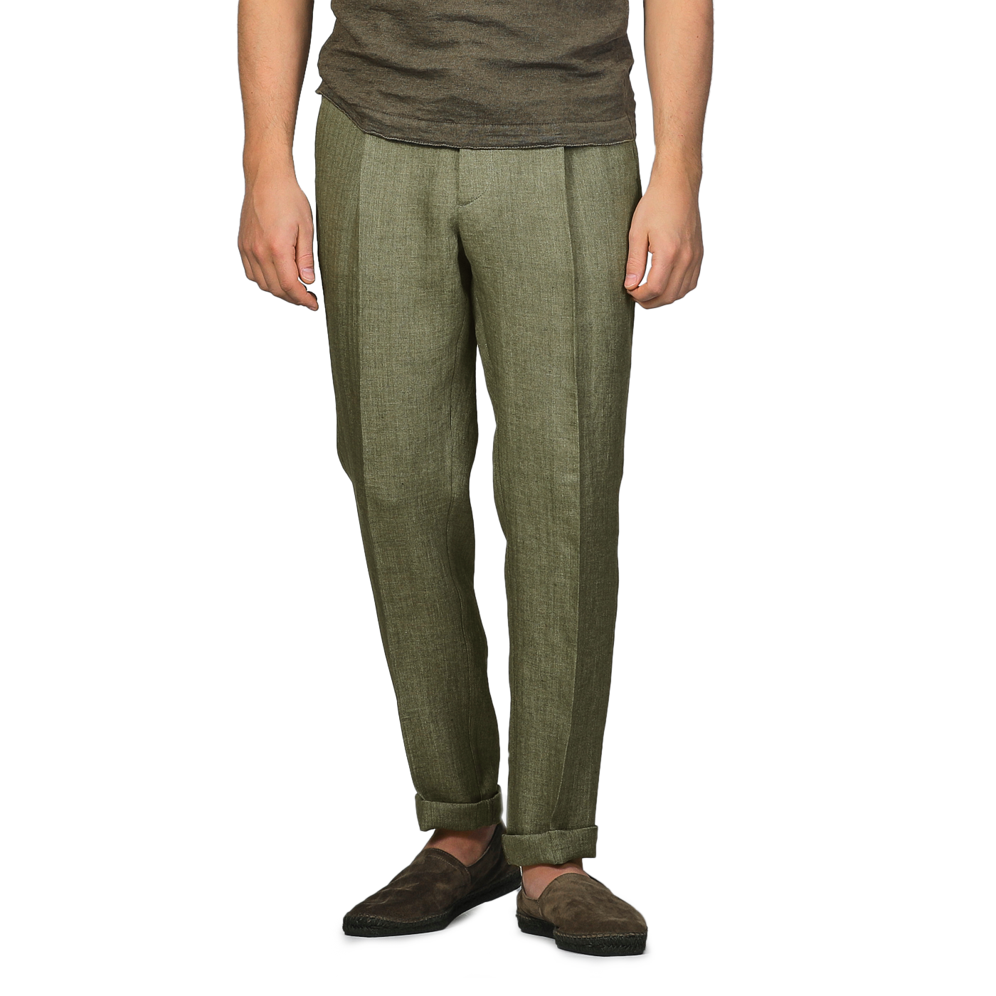 A person wearing Berwich's slim-fit Green Linen Herringbone Drawstring Trousers, a brown shirt, and brown shoes stands against a gray background, effortlessly blending style and comfort.