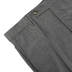 Close-up of the waistband and upper section of Berwich's Grey Wool Flannel Flat Front Trousers in Vulcano fit, featuring a button closure and side pockets on a white background.