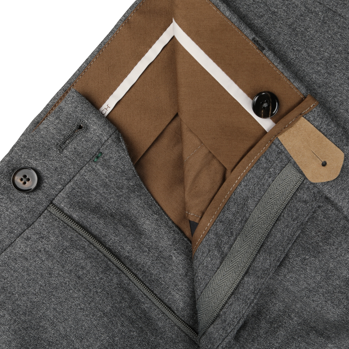 Close-up of a pair of Berwich Grey Wool Flannel Flat Front Trousers in Vulcano fit with the zipper and button fly partially open, revealing brown and white inner lining and pocket details, crafted from luxurious wool flannel.