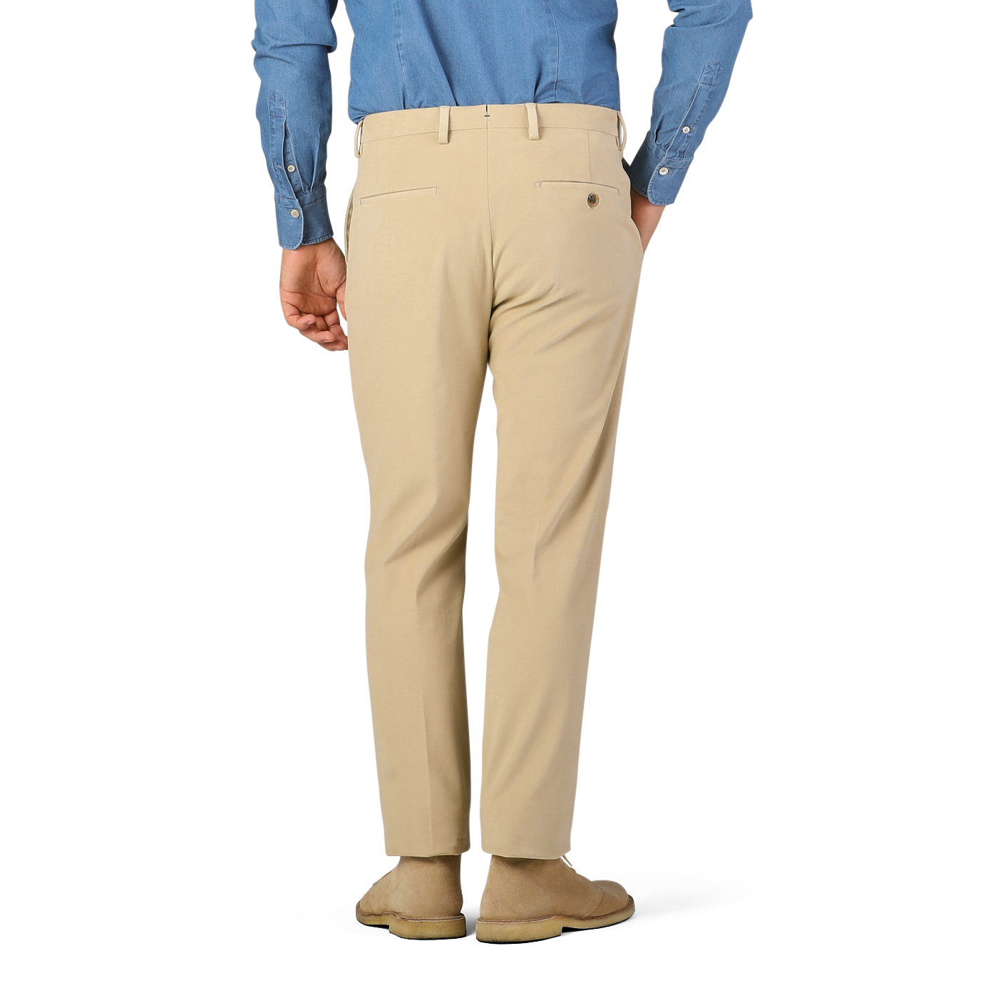 Rear view of a person wearing a blue shirt, Berwich Khaki Beige Cotton Moleskin Trousers, and tan loafers. The person is standing against a plain background.