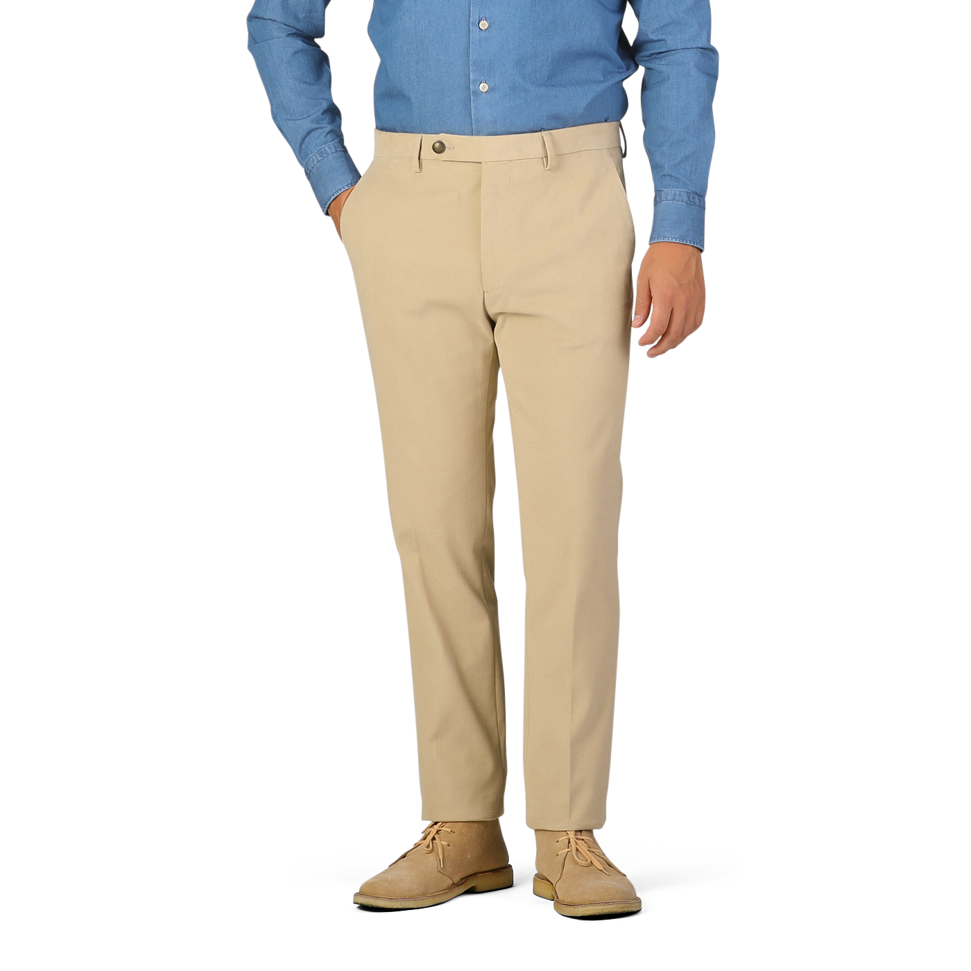 A person wearing a light blue button-up shirt and Berwich Khaki Beige Cotton Moleskin Trousers, with hands in pockets, and tan shoes. The image is cut off at the shoulders and ankles.