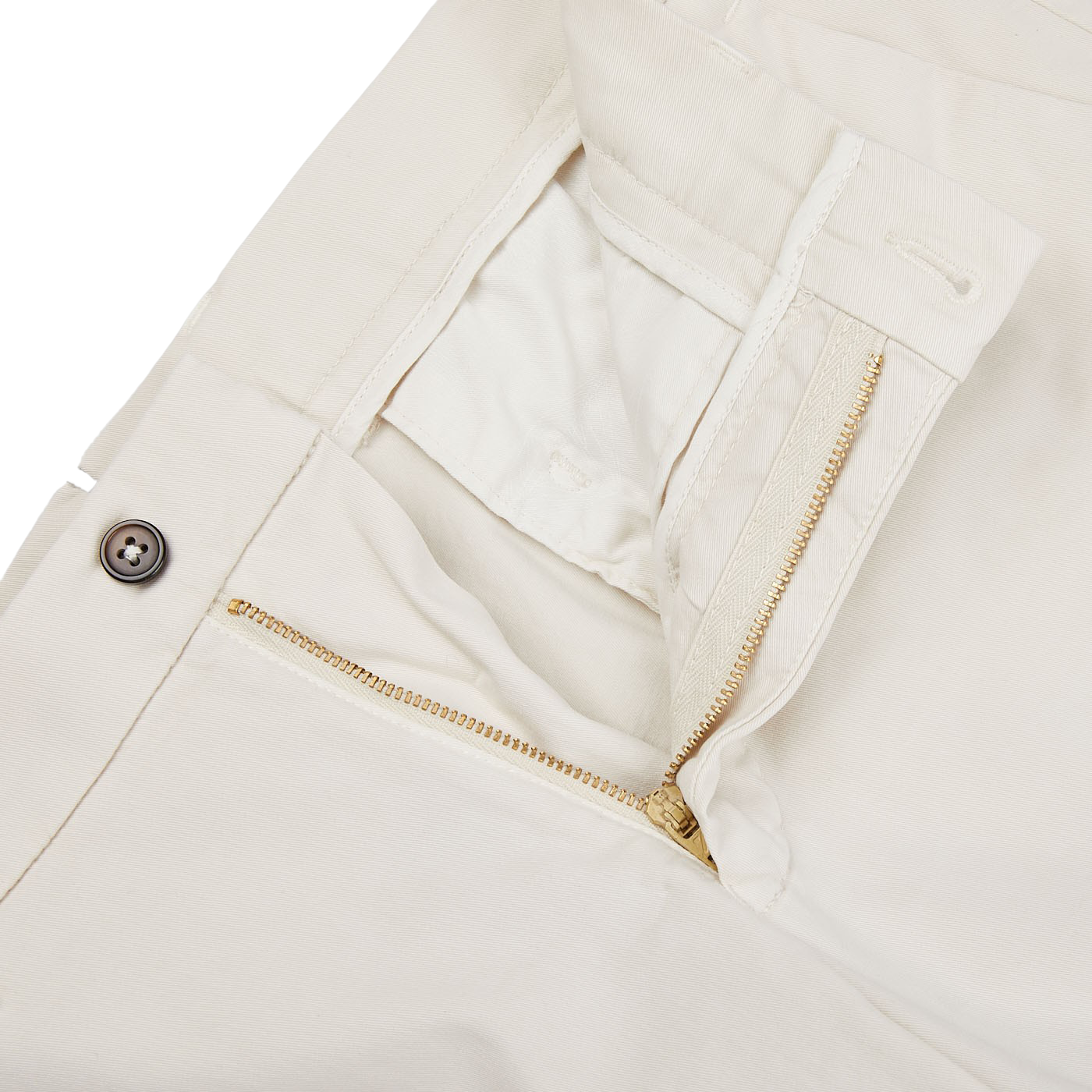 A pair of Berwich Light Beige Cotton Stretch Chinos with gold zippers.