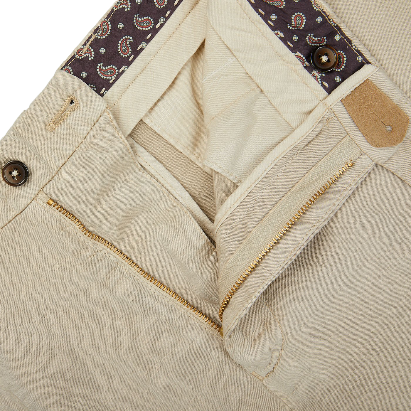A close up of a pair of Berwich Light Beige Linen Blend Flat Front Trousers.