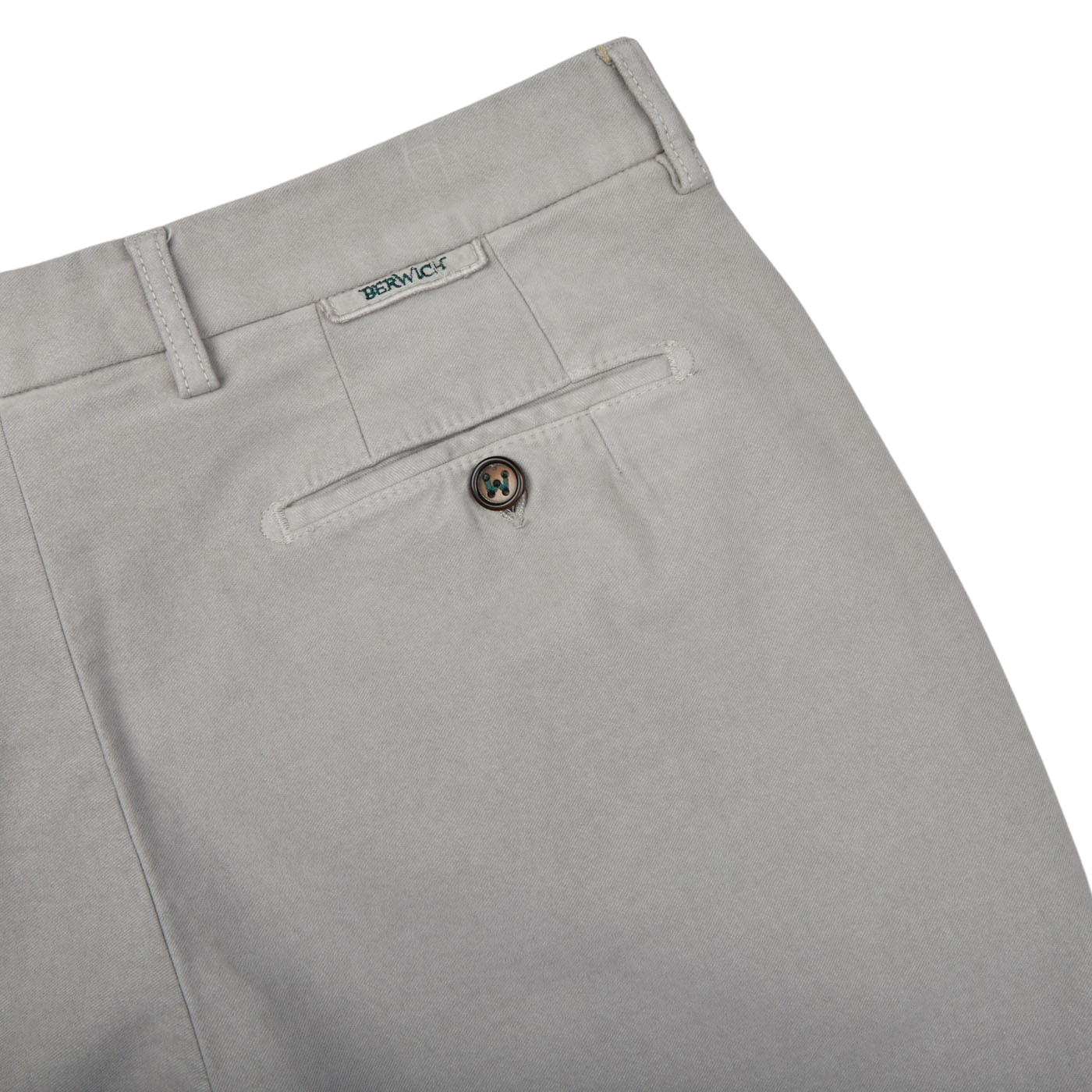 A pair of Light Grey Cotton Moleskin Chinos with a button on the side, in a slim fit, by Berwich.